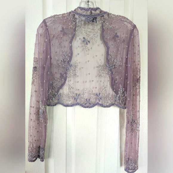 NWOT Scala Sheer Lavender Beaded Embroidered Bolero Jacket Sz S - Picture 2 of 15